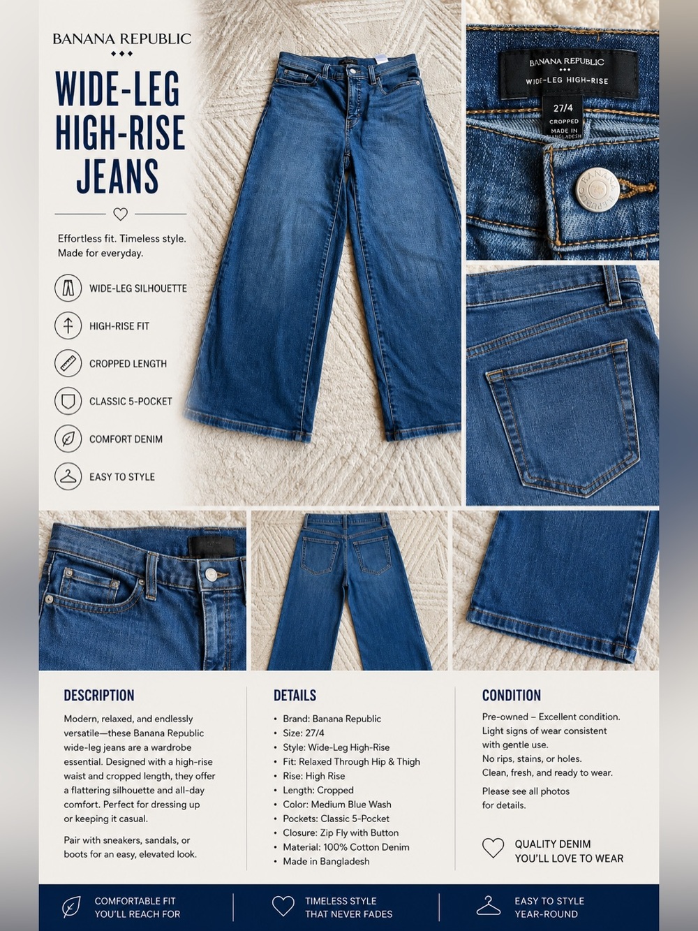 Banana Republic Wide-Leg High-Rise Jeans — Medium Blue Denim